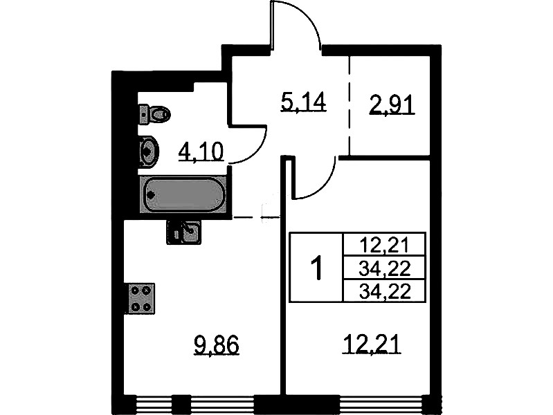 1-комнатная квартира 34.22 м², 10/18 эт., ЖК «Невская Долина»